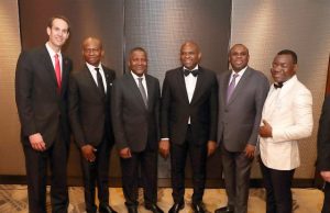 UBA Group Launches Full Banking Operations In The UK L-R: CEO, UBA UK, Mr. Patrick Gutmann; GMD/CEO, UBA Plc, Mr. Kennedy Uzoka; President, Dangote Group, Alhaji Aliko Dangote; Group Chairman, UBA Plc, Mr. Tony O. Elumelu; President, Afreximbank, Dr. Benedict Oramah; and CEO, UBA Africa, Mr. Victor Osadolor at the launch of UBA UK in London