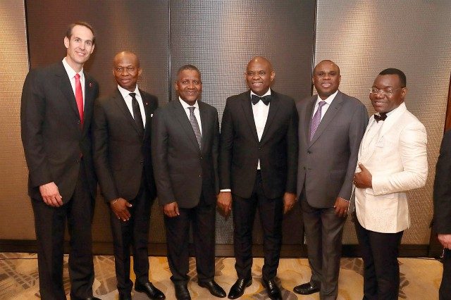 L-R: CEO, UBA UK, Mr. Patrick Gutmann; GMD/CEO, UBA Plc, Mr. Kennedy Uzoka; President, Dangote Group, Alhaji Aliko Dangote; Group Chairman, UBA Plc, Mr. Tony O. Elumelu; President, Afreximbank, Dr. Benedict Oramah; and CEO, UBA Africa, Mr. Victor Osadolor at the launch of UBA UK in London