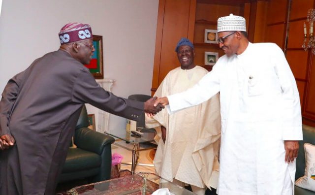L-R: Senator Bola Tinubu, Chief Bisi Akande and President Muhammadu Buhari...