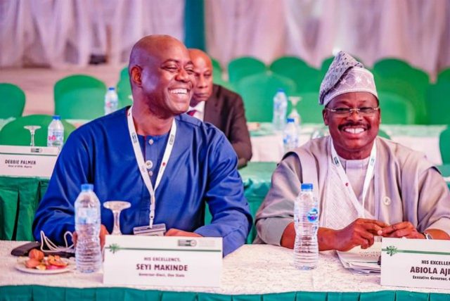 Engr Seyi Makinde, the incoming governor and Senator Abiola Ajimobi, the outgoing governor of Oyo State, right...at the event...