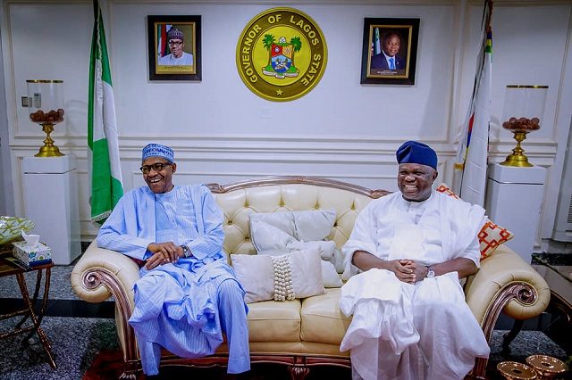 President Muhammadu Buhari, left, with his host, Governor Akinwunmi Ambode of Lagos State...during the visit...