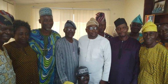 Chief Adelabu Adebayo, in white, with others at the Oyo State Secretariat of APC...
