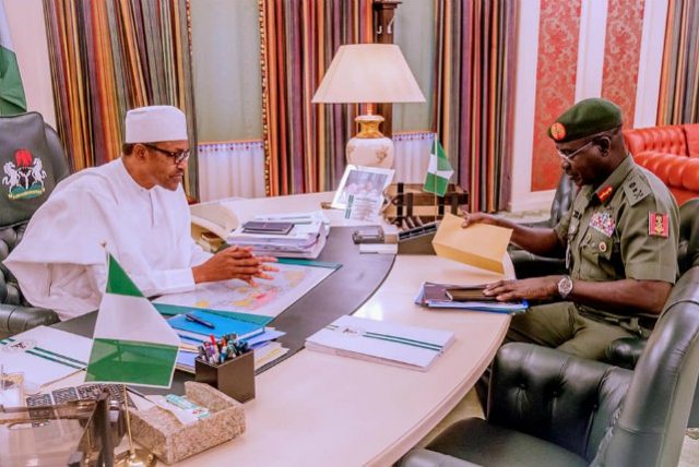 President Muhammadu Buhari, left, receiving briefings in his office on Thursday...