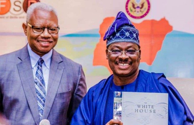 Public Affairs Officer, US Embassy and Consulate in Nigeria, Mr Russell Brooks, left, with the Oyo State Governor, Senator Abiola Ajimobi, at the conference…
