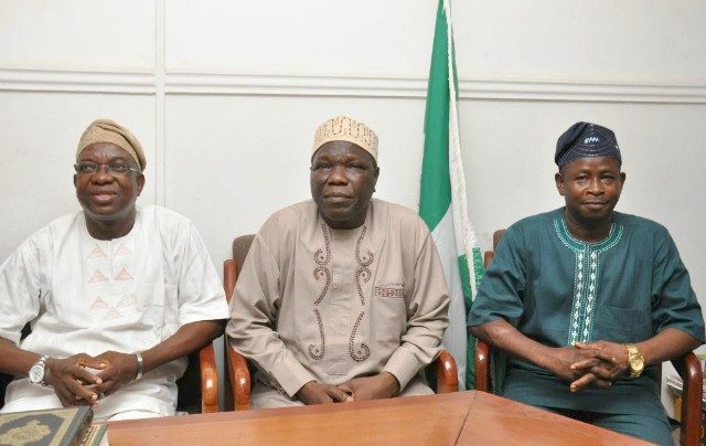 From left, Oyo State, deputy governor elect, Engr Rauf Olaniyan, (who stood in for Engr Seyi Makinde) NURTW President, Alhaji Najeem Yasin and Oyo State chairman, Alhaji Abideen Olajide during the visit…
