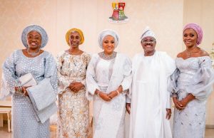 60th Birthday: All You Need To Know About How Ajimobi Celebrated His Wife L-R: Wife of Ekiti State Governor, Erelu Bisi Fayemi; Wife of the Vice President, Mrs Dolapo Osinbajo; Wife of Oyo State governor/celebrator, Mrs Florence Ajimobi; state Governor, Senator Abiola Ajimobi; and Wife of Ogun State Governor-elect, Mrs Bamidele Abiodun, during the thanksgiving service, held at the Government House, Agodi, Ibadan...