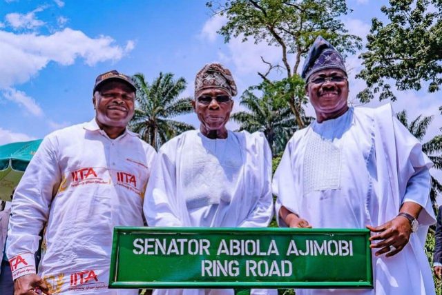 L-R: Director-General, International Institute of Tropical Agriculture, Dr Nteranya Sanginga; former President Olusegun Obasanjo and Governor of Oyo State, Senator Abiola Ajimobi, during the unveiling of the institute's circular road named after the governor, at IITA, Ibadan...