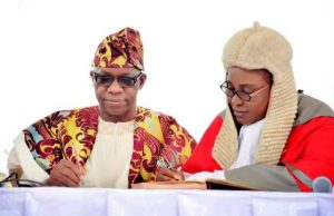Ogun’s New Governor Abiodun Makes Promises, Says He Won’t Abuse His Office Or Turn Governance Into Family Affairs Governor Dapo Abiodun, left, signing to 'resume duties' as the Governor of Ogun State...on Wednesday...