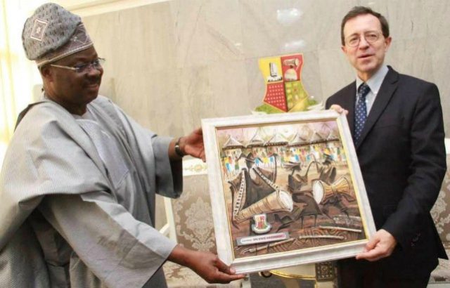 The Governor of Oyo State, Senator Abiola Ajimobi, left, with Ambassador of France to Nigeria and ECOWAS, Mr Jerome Pasquier, during the visit…