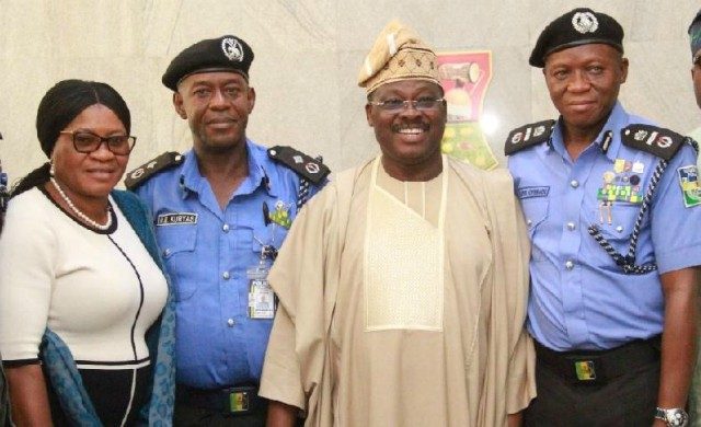L-R: Oyo State Head of Service, Mr Hannah Ogunesan; Deputy Commissioner of Police, Zone 11, Mr Monday Kuryas; state Governor, Senator Abiola Ajimobi; and Assistant Inspector-General of Police in charge of Zone 11, Mr Leye Oyebade, during the visit of the AIG to the governor, in his office, Ibadan... on Wednesday