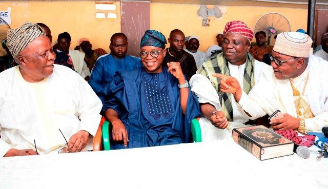 Osun’s Governor Adegboyega Oyetola (2nd left), Aragbiji of Iragbiji, Oba Abdurasheed Ayotunde Olabomi (2nd right), Akirun of Ikirun, Oba Abdulrauf Olayiwola Adedeji (left), and Olororuwo of Ororuwo, Oba Qamar'deen Adeyanju Alawode (right)…at the religious event…