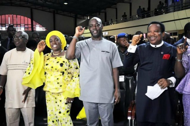 R-L: Pastor Femi Emmanuel of Living Spring Chapel, Oyo State governor elect, Mr Seyi Makinde, his wife, Omini and deputy governor elect, Mr Rauf Olaniyan at the church…