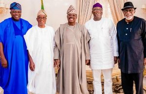 Photo: When Southwest Governors’ Forum Met In Abuja L-R: Southwest Nigeria State Governors: Mr Akinwumi Ambode (Lagos State); Mr Gboyega Oyetola (Osun State); Senator Abiola Ajimobi (Oyo State); Dr Kayode Fayemi (Ekiti State); and Mr Oluwarotimi Akeredolu (Ondo State)…after the meeting…