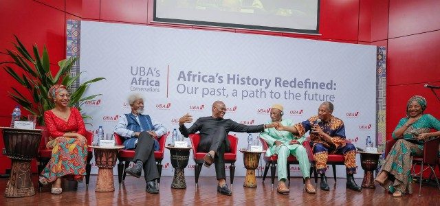 L-R: Chairman of Ghana’s Convention People’s Party, and daughter of Mr. Kwame Nkrumah, Ms Samia Nkrumah; Nobel Laureate, Professor Wole Soyinka; Group Chairman, UBA Plc, Mr. Tony Elumelu; Guinean Historian and playwright, Professor, Djibril Tamsir Niane; Afro musician, Mr. Femi Kuti; and Legal Practitioner and Moderator, Ms. Ayo Obe, during the panel discussion themed ‘Africa’s History Redefined, our past, the path to the future,’ organised by UBA to mark Africa’s Day in Lagos…