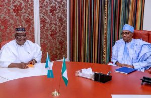 Photo: When Buhari Met With Lawan In Aso Rock ...Senator Ahmed Lawan, left, with President Muhammadu Buhari...during the meeting...
