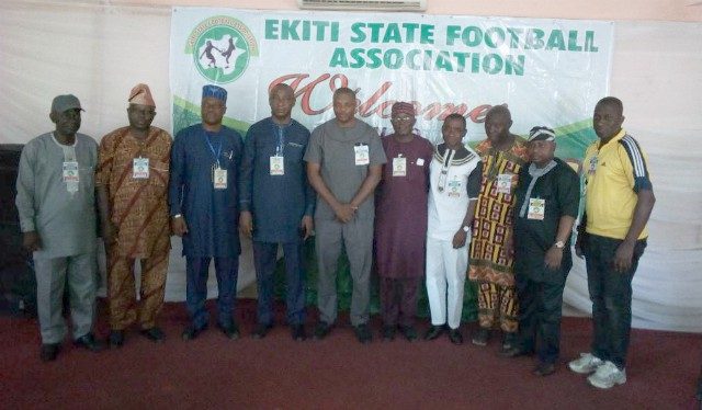 The newly elected Ekiti State Executives of the Ekiti State Football Association and the representative and Chairman of Chairmen of the States Football Associations who stood in for the Nigerian Football Federation (NFF) President at the Ekiti State Election and Congress...