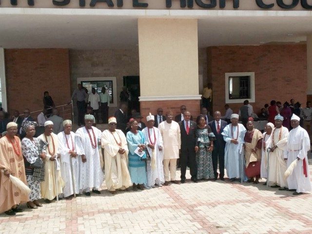 Governor Kayode Fayemi, the Governor of Ekiti State with the Chief Judge of Ekiti State, Justice Ayodeji Daramola and some traditional rulers…after the event…