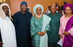 Ekiti’s Sixth Assembly: Funminiyi Afuye Becomes Speaker L-R: Newly inaugurated Speaker, Ekiti State House of Assembly, Rt. Hon. Funminiyi Afuye; Ekiti State Governor, Dr Kayode Fayemi; his wife, Erelu Bisi Fayemi; State Chairman, All Progressives Congress (APC), Barr Paul Omotoso; and newly elected House Whip, Hon. Bunmi Adelugba, at the inauguration of the sixth assembly of the Ekiti State House of Assembly in Ado-Ekiti…on Thursday