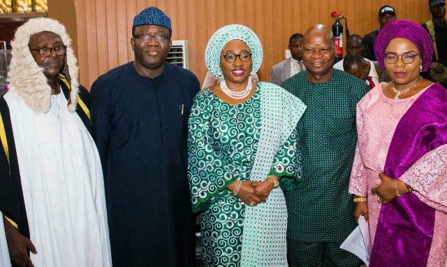 L-R: Newly inaugurated Speaker, Ekiti State House of Assembly, Rt. Hon. Funminiyi Afuye; Ekiti State Governor, Dr Kayode Fayemi; his wife, Erelu Bisi Fayemi; State Chairman, All Progressives Congress (APC), Barr Paul Omotoso; and newly elected House Whip, Hon. Bunmi Adelugba, at the inauguration of the sixth assembly of the Ekiti State House of Assembly in Ado-Ekiti…on Thursday