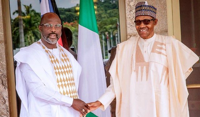 President Muhammadu Buhari, right, with the President of Liberia, Mr George Weah...on Thursday in Abuja...