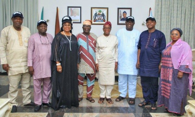 L-R: Ijesa South Federal Constituency, Hon Babatunde Lawrence Ayeni; Osogbo Federal Constituency, Hon Bukola Oyewo; Irewole Federal Constituency, Hon Mrs Taiwo Olukemi Oluga; Ila Federal Counstituency, Hon Femi Fakeye; Governor of the State of Osun, Mr Gboyega Oyetola; Ifelodun Federal Constituency, Hon Rasheed Olalekan Afolabi; Iwo Federal Constituency, Hon Yinusa Amobi and Supervisor for federal matters, Hon Miss Idiat Babalola, during the visit…