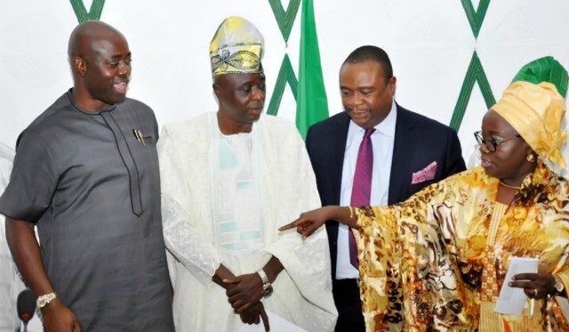 Oyo State governor, Engr Seyi Makinde (left); Chairman, Oyo State Advisory Council, Senator Hosea Agboola; Chief Bolaji Ayorinde (SAN) and Honourable Mulikat Adeola-Akande, during the inauguration of the State Advisory Council held at the EXCO Chamber of the Governor's Office, Ibadan, on Friday…