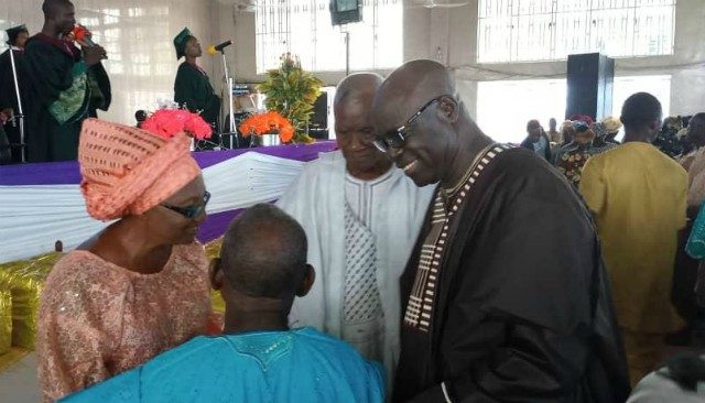 Hon. Olagunju Ojo, right, and his wife exchanging pleasantries with some elders in the church…