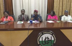 Quality Healthcare Delivery: CMD Of UCH Reveals Plans To Cooperate With Oyo Government L-R: Mrs Yemisi Matthew, Prof Victor Akinmoladun, the CMAG, Prof Abiodun Ilesanmi, his wife, Dr Bola Otegbayo and Mr Yemi Shiyanbola, the Director of Administration...at the briefing...