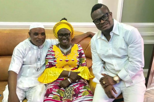 R-L: Sam Miracle, Mama Rainbow and another actor...inside the musician's new mansion in Ogun State...