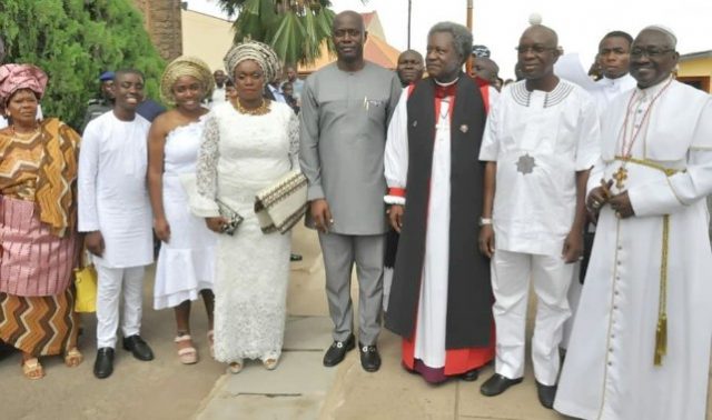 Governor of Oyo State, Engr. Seyi Makinde (5th left) flanked by his wife, Mrs. Tamunominni Makinde (4th left), his Deputy, Engr. Rauf Olaniyan (2nd right), Mrs. Olaniyan (left), Archbishop of Ibadan Anglican Province, Rt. Rev'd Segun Okubadejo(3rd right) and former Prelate of Methodist Church, Nigeria, Most. Rev'd Sunday Ola Makinde (right) after the Service...