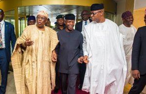 Photo News: Osinbajo, Others Honour Osoba As He Launches Book To Mark 80th Birthday L-R: The celebrant, Chief Olusegun Osoba, Prof Yemi Osinbajo and Governor Dapo Abiodun of Ogun State...at the event...
