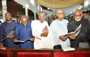 L R Engr Seyi Makinde Dr Kayode Fayemi Mr Babajide Sanwo Olu and Arakunrin Oluwarotimi Akeredoluinside the church