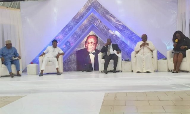 L-R: Deputy Speaker, ( representing the Speaker), Oyo State house of Assembly, Deputy Governor (Representing Oyo State Governor), Engr Rauf Olaniyan, Chief Justice, Oyo State Judiciary , Catholic Archbishop of Ibadan Diocese, His Grave, Archbishop Abegunrin and moderator, Lawyer Funke Roberts…