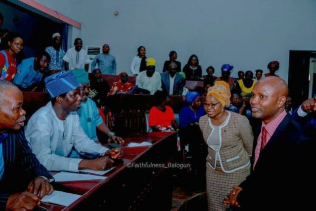 …Head of Service, Mrs. Amidat Ololade Agboola (second right) and the Permanent Secretary, Ministry of Information, Culture and Tourism, Dr. Bashir Olanrewaju (right) welcoming some participants/stakeholders before the commencement of the meeting...