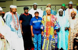 Photo: When Traditional Rulers From Iwoland Visited Oyetola The Oluwo of Iwoland, Oba Abdulrasheed Adewale Akanbi (4th right), Governor State of Osun, Mr. Adegboyega Oyetola (4th left); his deputy, Mr. Benedict Alabi (3rd left); the Olupo of Oluponna, Oba Emmanuel Oyeleso (left); the Olu of Ileogbo, Oba Habeeb Adetoyese (2nd left); the Agbowu of Ogbaagbaa, Oba Sikirulahi Akinropo (3rd right); the Onifin of Ikonifin, Oba Dr. Solomon Oyewo Ojo (2nd right); the Ota of Ilota, Oba Odetunji Ipadeola Akano and others, during the visit…