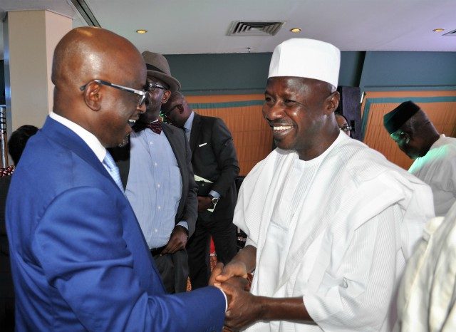 L-R: Member of the Justice Reform Project (JRP), Dr Adewale Olawoyin (SAN) and the Acting Chairman of the Economic and Financial Crimes Commission (EFCC), Mr Ibrahim Magu during JRP's Public Discourse on Justice Delivery in Nigeria; A Framework for Reform, in Abuja...on Friday
