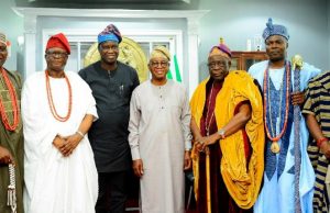 Photo: When Osun Council Of Obas Paid Congratulatory Visit To Oyetola L-R: The Aragbiji of Iragbiji, Oba Rasheed Ayotunde Olabomi; the Adimula of Ifewara, Oba Hezekiah Adeniyi Owolola; Deputy Governor Benedict Alabi, Governor Adegboyega Oyetola; Team leader of Osun council of Obas and Chiefs, the Ogiyan of Ejigboland, Oba Omowonuola Oyeyode Oyesosin; the Olowu of Owu Kuta, Oba Hameed Adekunle Oyelude and the Orangun of Oke-Ila, Oba Adedokun Abolarin, during the visit to…