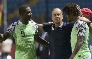 AFCON: How Nigeria Overpowered Cameroon To Qualify For Quarter-Finals Nigeria's forward Odion Ighalo, left celebrates his second goal with others during the 2019 Africa Cup of Nations (CAN) Round of 16 football match between Nigeria and Cameroon at the Alexandria Stadium in the Egyptian city on July 6, 2019. (Photo by JAVIER SORIANO / AFP)