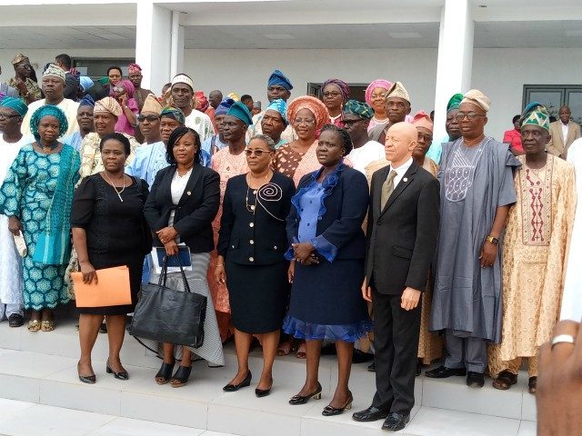 The Ogun State Chief Judge, Justice Mosunmola Dipeolu with the newly sworn-in customary Court Presidents and members...