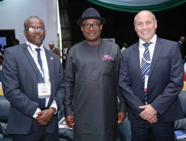 L-R: General Manager Business and Government Relations, Shell Companies in Nigeria, Bashir Bello; Executive Secretary, Nigeria Content Development and Monitoring Board, Simbi Wabote; and the Vice President, Shell Nigeria and Gabon, Peter Costello, at the opening ceremony of the event on Monday…