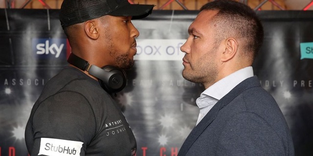 Anthony Joshua, left, with Pulev...