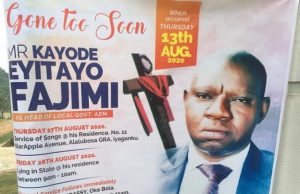 Omi/Apata LCDA’s HLA, Kayode Fajimi For Burial On August 28 ...banner announcing the burial arrangements for Kayode Fajimi...