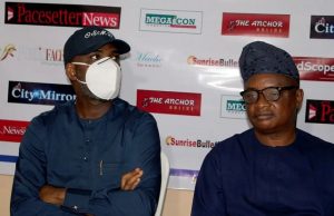 Delayed Take-Off Of Amotekun: SWEGOP Tasks South West Governors Abisoye Fagade of Sodium Media Solutions, left, with Olayinka Agboola of SWEGOP at the event...