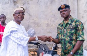 Insecurity At Oke Ogun: Olaniyan Donates Patrol Motorcycles Engineer Rauf Olaniyan, Oyo's Deputy Governor, left, during the symbolic presentation...