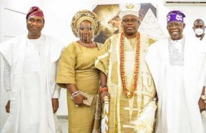 When Tinubu, Sanwo-Olu, Others Stormed Iruland To Celebrate Oba Lawal L-R: Lagos State Deputy Governor and representative of the Governor, Dr. Obafemi Hamzat; Olori Mariam Lawal; Oniru of Iruland, Oba Abdul-Wasiu Omogbolahan Lawal (Abisogun II) and Asiwaju Bola Tinubu, during the coronation ceremony of Oba Oniru at the Iru Palace, Victoria Island, on Sunday...