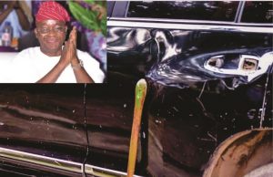 All You Need To Know About How I Nearly Lost My Life On Saturday – Oyetola ...Mr Adegboyega Oyetola, the governor of Osun State (inset)...one of the 'axed' vehicles on his convoy...on Saturday...