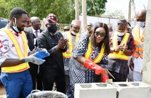 Foundation For Bodija Premium Estate Laid By Makinde …the representative of Oyo State Governor and Secretary to the State Government, Mrs. Olubamiwo Adeosun (third right), laying the foundation stone for the Bodija Premium Estate, while the Commissioner for Lands and Housing, Barr. Abiodun Abdul-Raheem (second right); Director-General, Oyo State Investment Promotion Agency, Hon. Segun Ogunwuyi (right); Chairman, Oyo State Housing Corporation, Barr. Bayo Lawal (fourth right) and others look on…