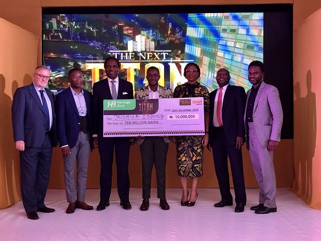Heritage Bank image R-L: Fela Ibidapo, Divisional Head, Corporate Communications, Heritage Bank; Kyari Bukar, Lead Judge of The Next Titan; Lilian Olubi, Judge; Joshua Idiong, Winner, The Next Titan Season-7; Tonye Chris Parkes; Mide Kunle Akinlaja, Executive Producer, The Next Titan and Cole, Judge, Judge, Titan, during the presentation of N10million prize at the grand finale of The Next Titan Entrepreneurial Reality TV show Season-7, headline sponsored by Heritage Bank Plc, held in Lagos recently…