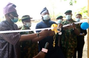 Security: Oyo’s Operation Burst Opens Center For Distress Calls, Promises To Curb Criminal Activity During Festive Season Hon. Mojeed Mogbojubola cutting the tape during the commissioning…assisting him are DG, Colonel James Oladipo (rtd) and Commanding Officer, Major F. A Francis (2nd right)