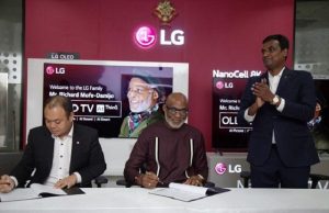 New Assignment Here For RMD As He Becomes LG’s New Face •From left: Head, Corporate Marketing Division, LG Electronics West Africa operations, Mr Hari Ellulu, The LG OLED Brand Ambassador, veteran Nollywood actor, Richard Mofe-Damijo (RMD) and General Manager, Home Entertainment TV Division, LG Electronics West Africa Operations, Mike Ahn at the official unveiling of RMD as LG OLED Brand Ambassador in Lagos…recently